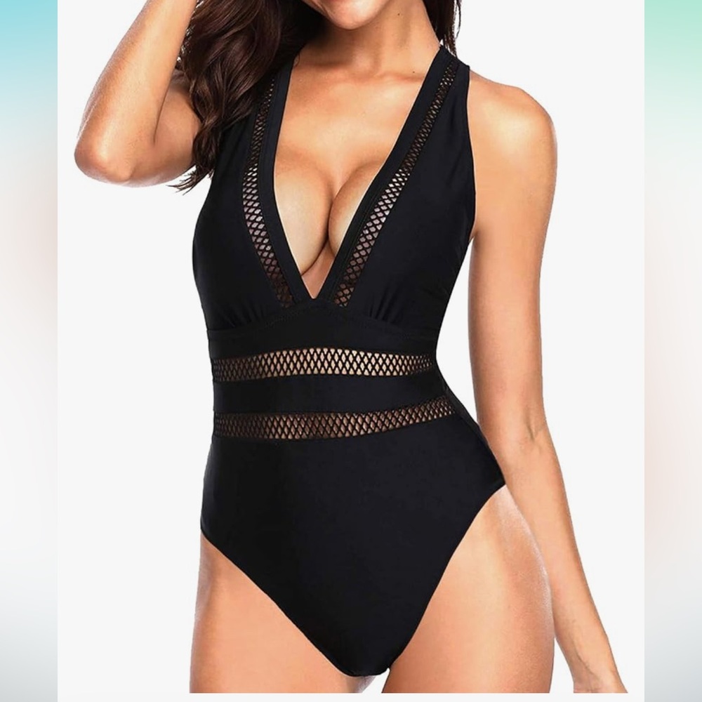 Women's Deep V-Neck One Piece Mesh Bathing Suit - Size Small